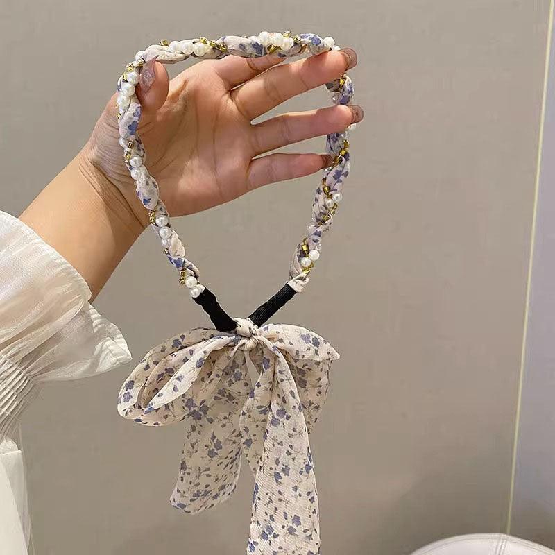 Braided hair ribbon, pearl floral silk scarf headband, sweet crystal pearl hair bow headband, floral lace, popular hair accessories, hair styling - CHL-STORE 