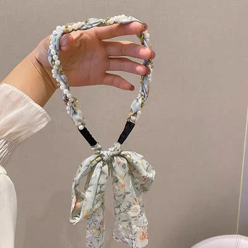 Braided hair ribbon, pearl floral silk scarf headband, sweet crystal pearl hair bow headband, floral lace, popular hair accessories, hair styling - CHL-STORE 