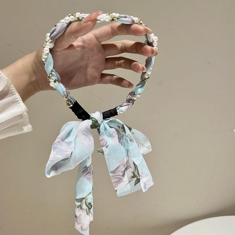 Braided hair ribbon, pearl floral silk scarf headband, sweet crystal pearl hair bow headband, floral lace, popular hair accessories, hair styling - CHL-STORE 
