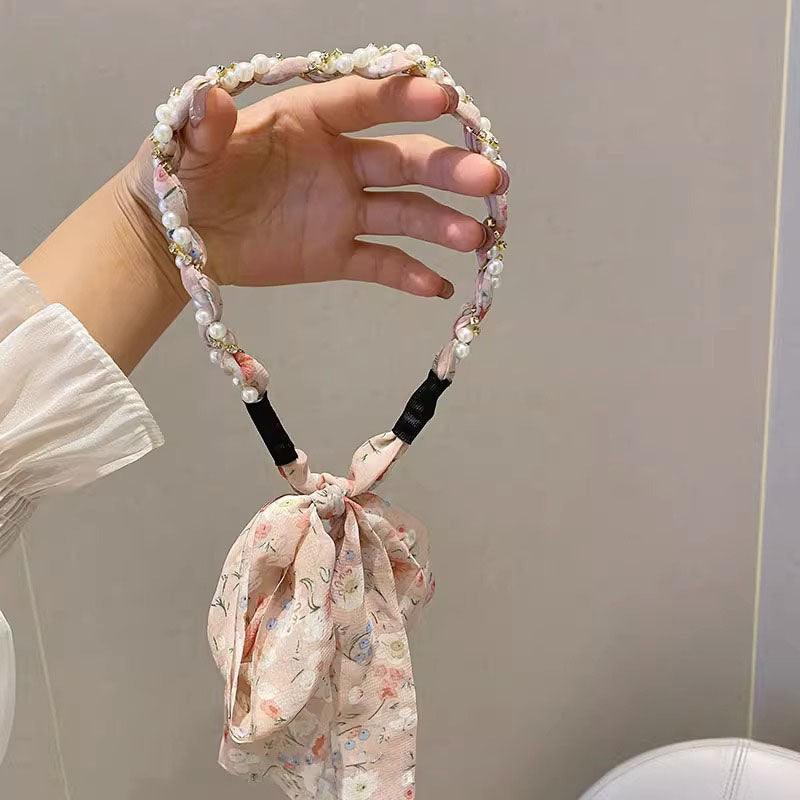 Braided hair ribbon, pearl floral silk scarf headband, sweet crystal pearl hair bow headband, floral lace, popular hair accessories, hair styling - CHL-STORE 