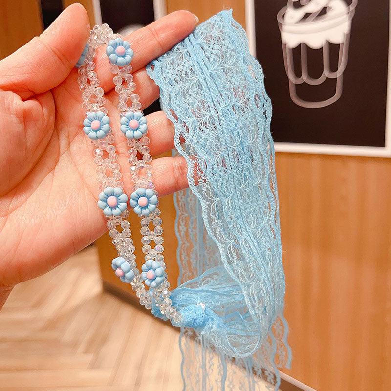 Braided hair ribbon, pearl floral silk scarf headband, sweet crystal pearl hair bow headband, floral lace, popular hair accessories, hair styling - CHL-STORE 