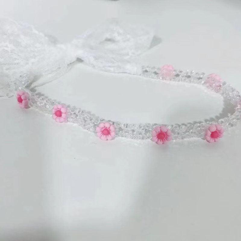 Braided hair ribbon, pearl floral silk scarf headband, sweet crystal pearl hair bow headband, floral lace, popular hair accessories, hair styling - CHL-STORE 