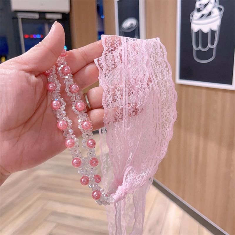 Braided hair ribbon, pearl floral silk scarf headband, sweet crystal pearl hair bow headband, floral lace, popular hair accessories, hair styling - CHL-STORE 