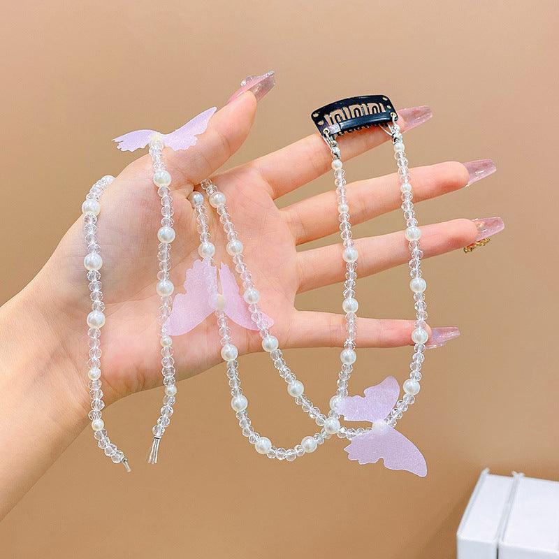 Colored flower bow Braided hair chain Pearl hair accessories chain Pearl braided tassels Braided hair band Popular items Braided hair headdress - CHL-STORE 