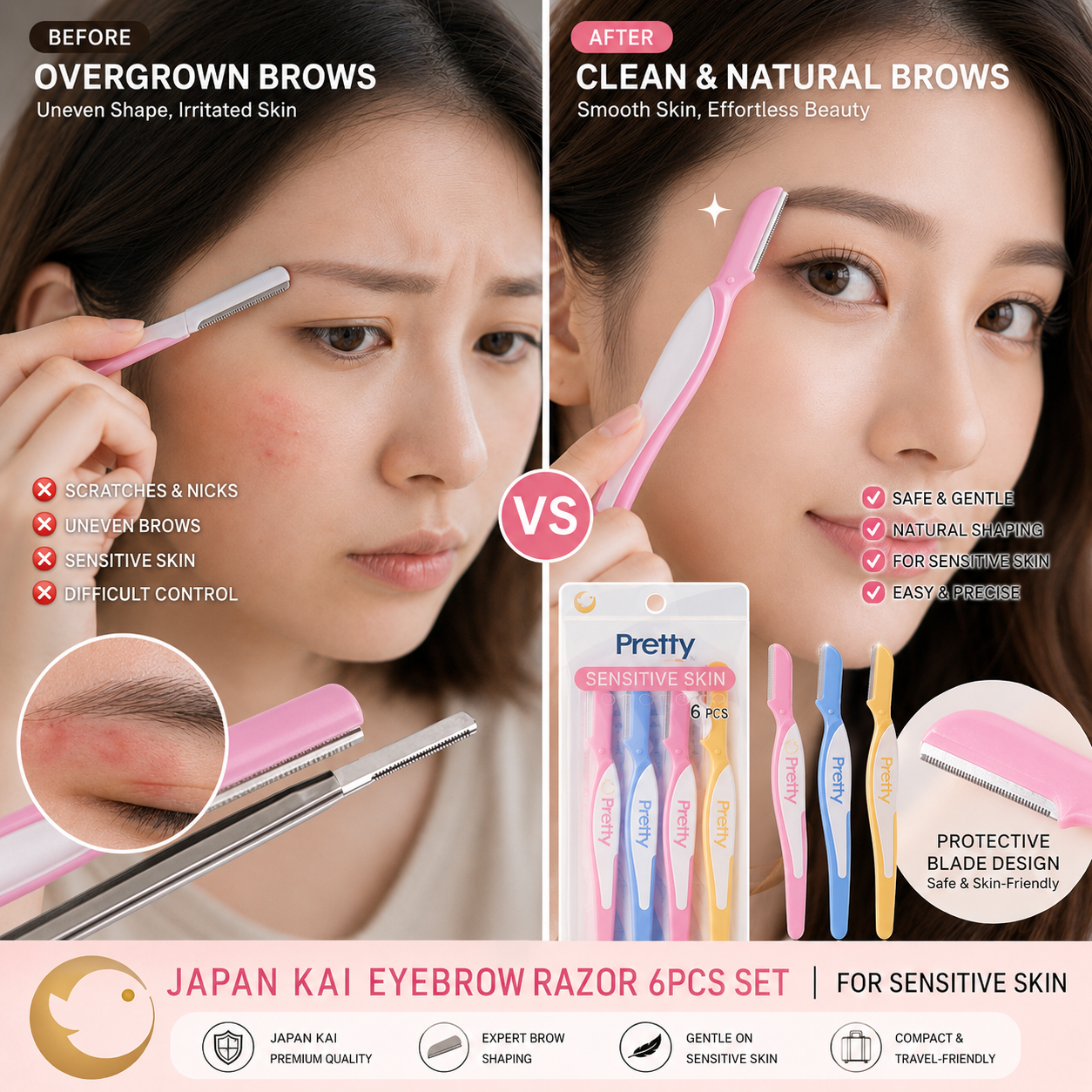 KAI Eyebrow Razors for Sensitive Skin – 6-Pack