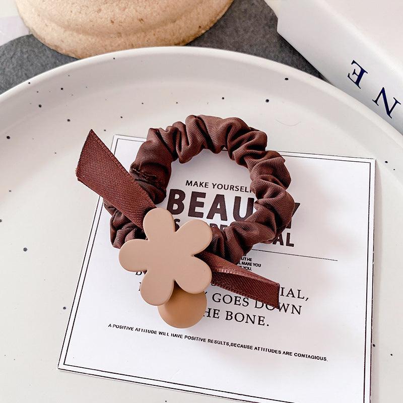 High elastic tail simple large intestine hair band black flower coffee flower coffee three beads popular accessories bun styling rubber band hair accessories - CHL-STORE 