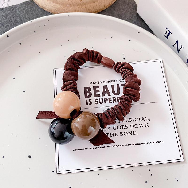 High elastic tail simple large intestine hair band black flower coffee flower coffee three beads popular accessories bun styling rubber band hair accessories - CHL-STORE 