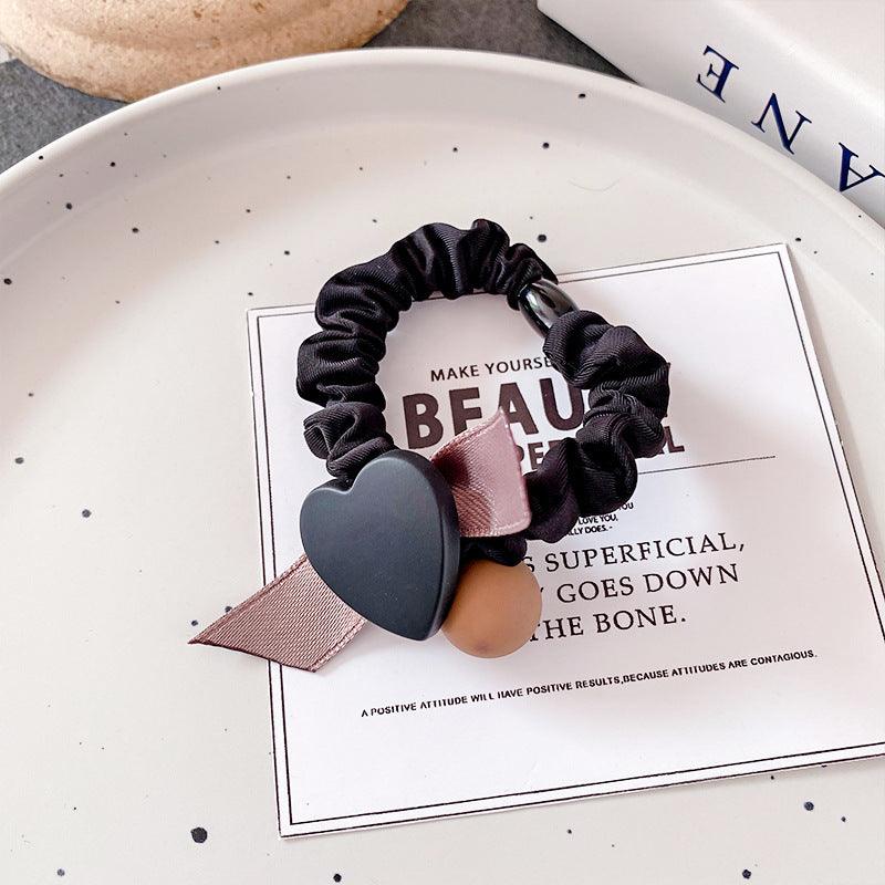 High elastic tail simple large intestine hair band black flower coffee flower coffee three beads popular accessories bun styling rubber band hair accessories - CHL-STORE 