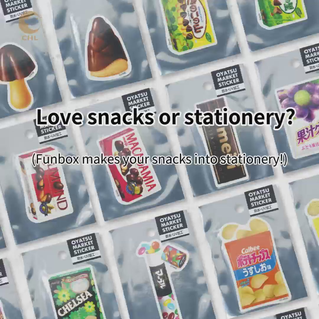 Sakamoto funbox snack series, 3-piece stationery set, 1 pencil case, 2 round pencils, 1 memo, Meiji chocolate, Nissin chicken ramen