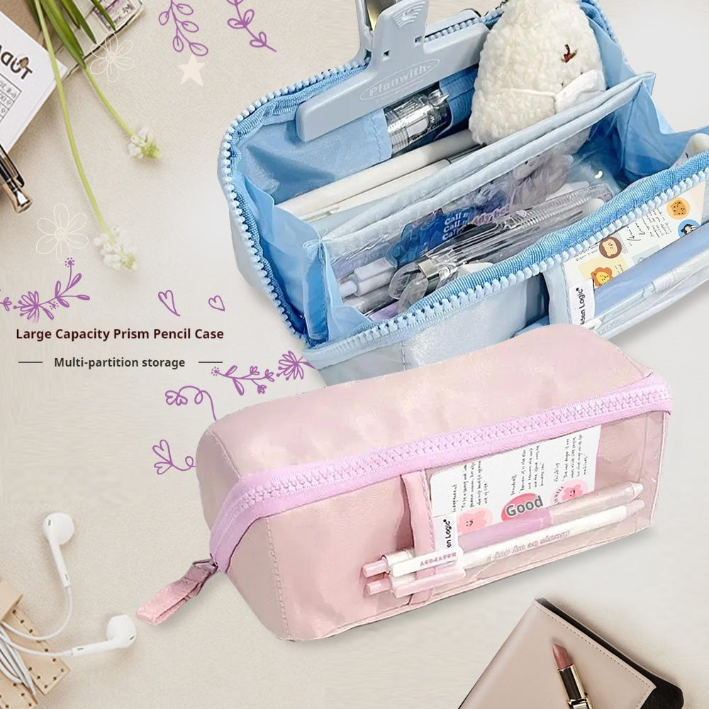 Korean ins large-capacity prism pencil case with simple separation, orderly, convenient and easy to carry, soft and girly blue pink prism pencil case