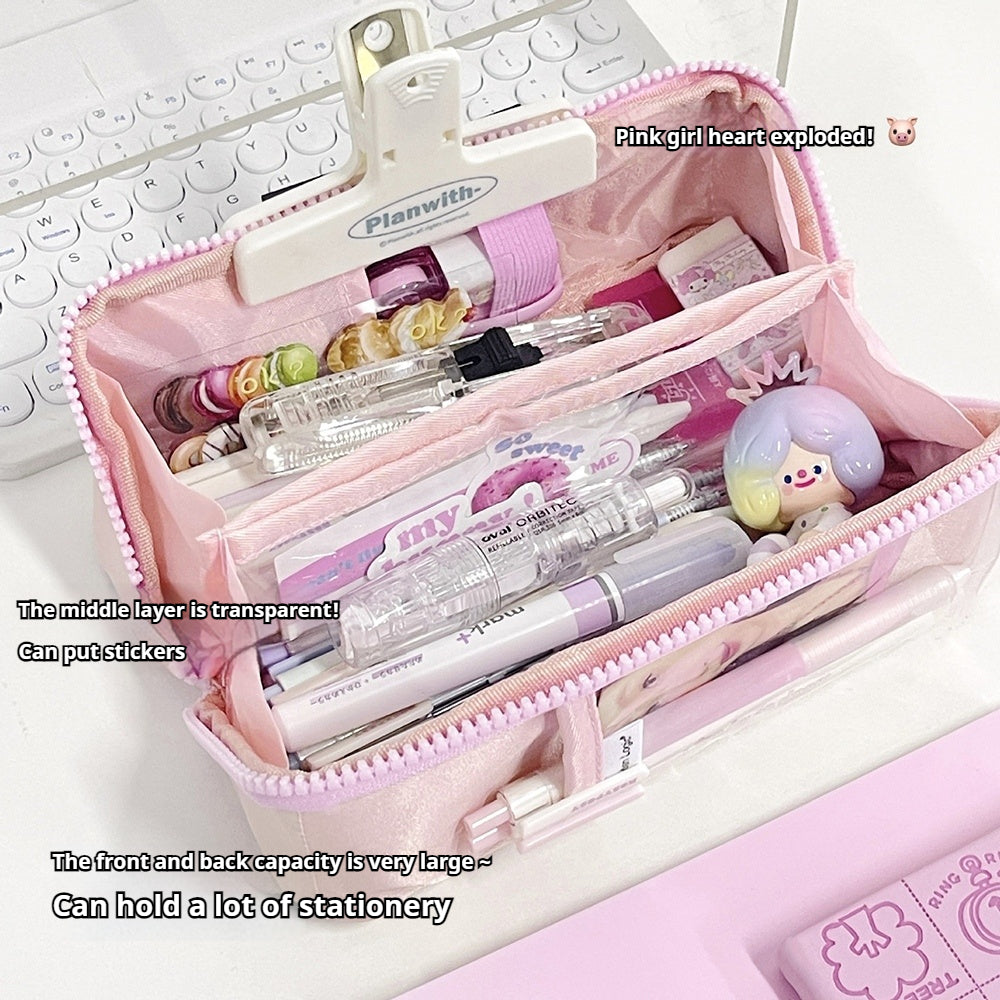 Korean ins large-capacity prism pencil case with simple separation, orderly, convenient and easy to carry, soft and girly blue pink prism pencil case