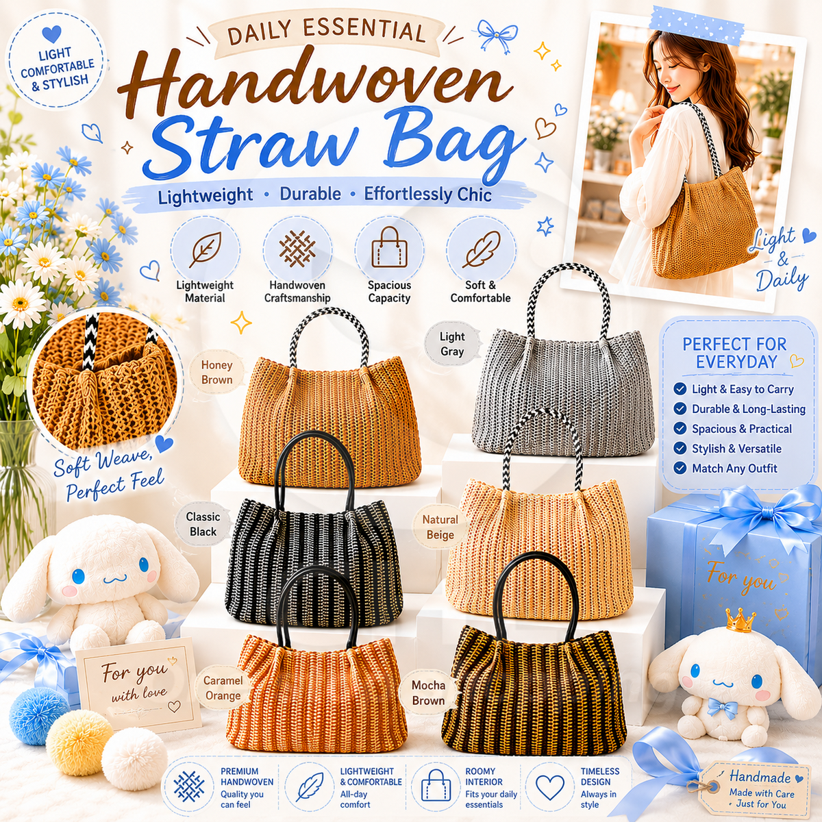 aristella Japanese-Style Handmade Straw Bag – Soft Paper Weave Shoulder Tote / Cinnamoroll Edition