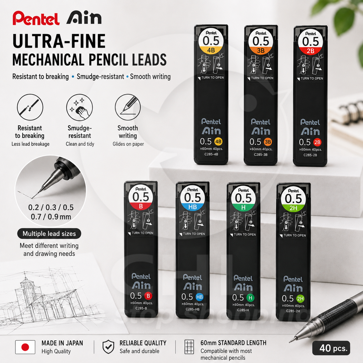 Pentel Ain ultra-fine mechanical pencil lead anti-bend anti-stain 0.3 0.5 0.7 0.9 4B 3B 2B B H
