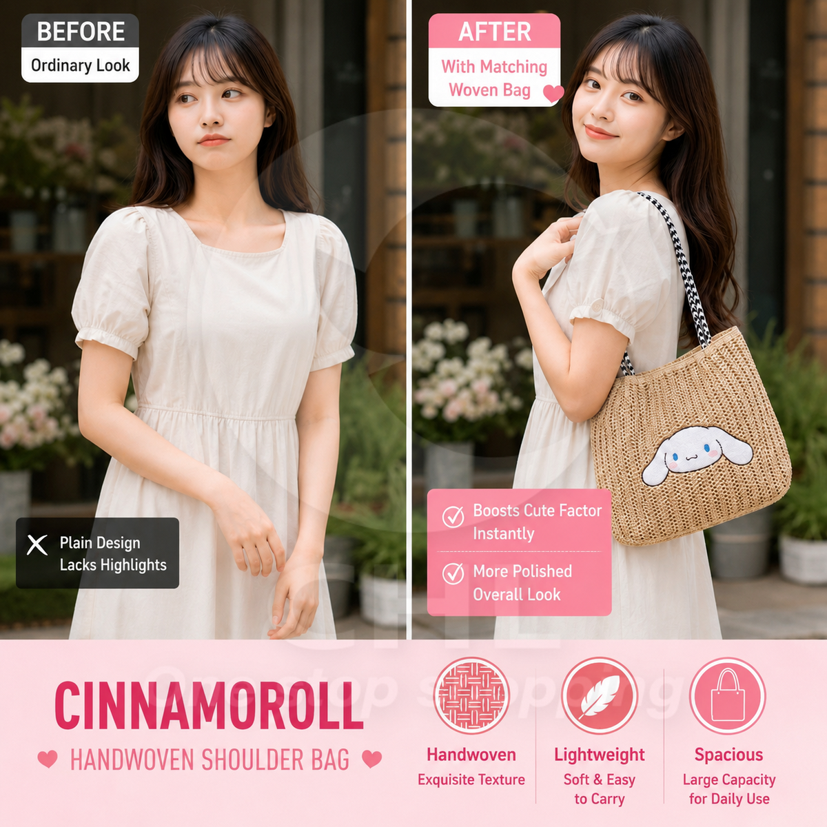 aristella Japanese-Style Handmade Straw Bag – Soft Paper Weave Shoulder Tote / Cinnamoroll Edition