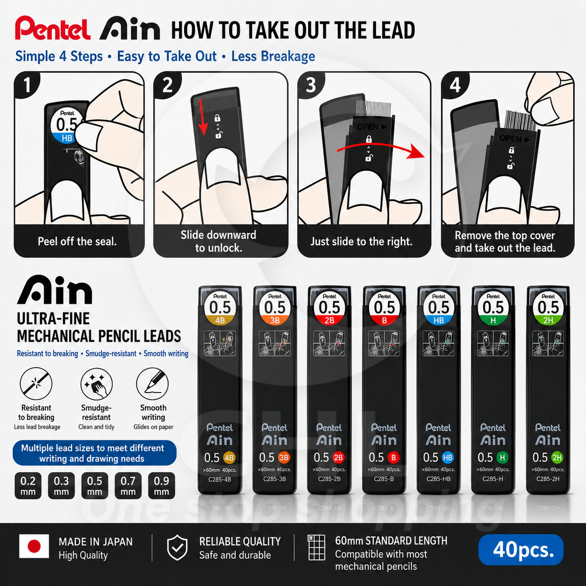 Pentel Ain ultra-fine mechanical pencil lead anti-bend anti-stain 0.3 0.5 0.7 0.9 4B 3B 2B B H