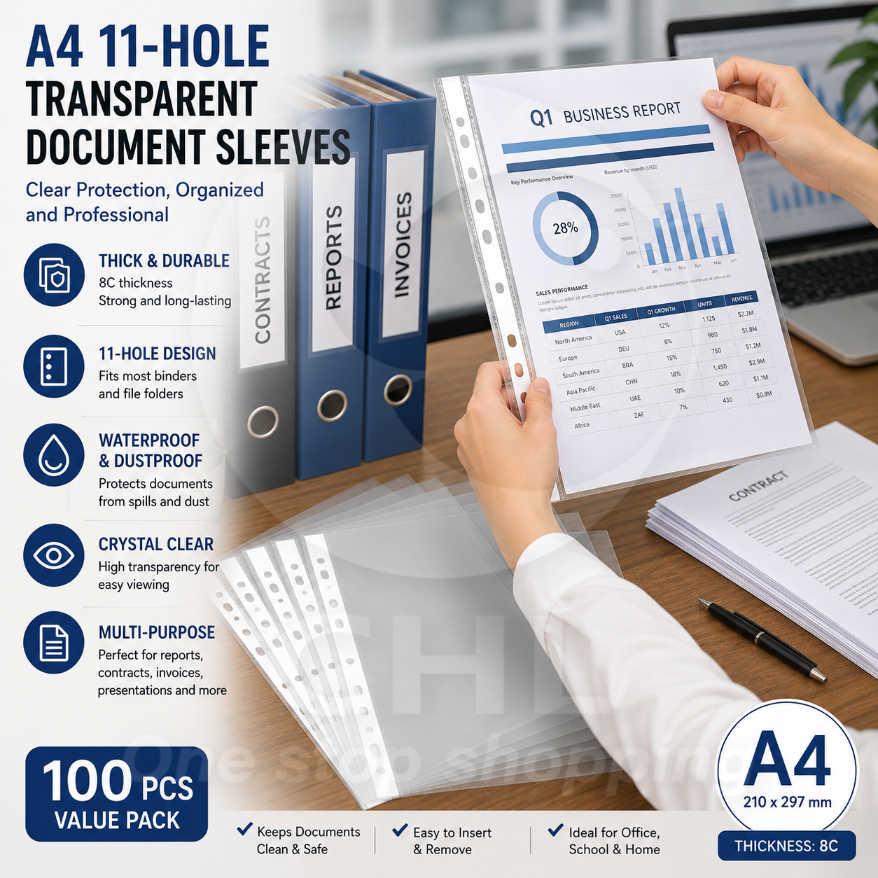 Transparent A4 Document Sleeves - 100 Pack Durable Waterproof Storage