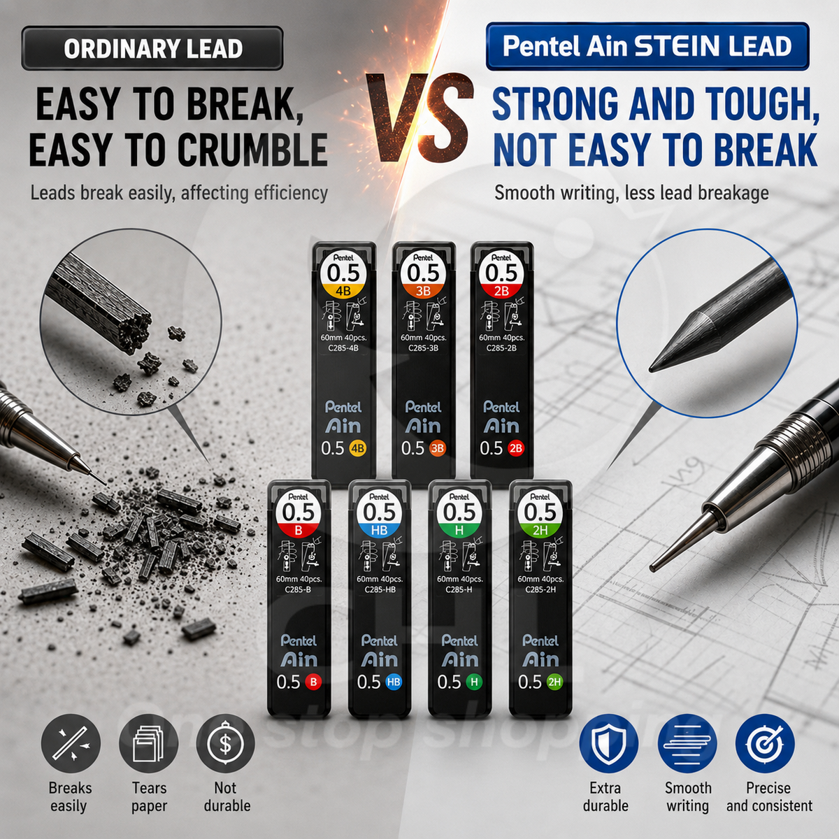 Pentel Ain ultra-fine mechanical pencil lead anti-bend anti-stain 0.3 0.5 0.7 0.9 4B 3B 2B B H