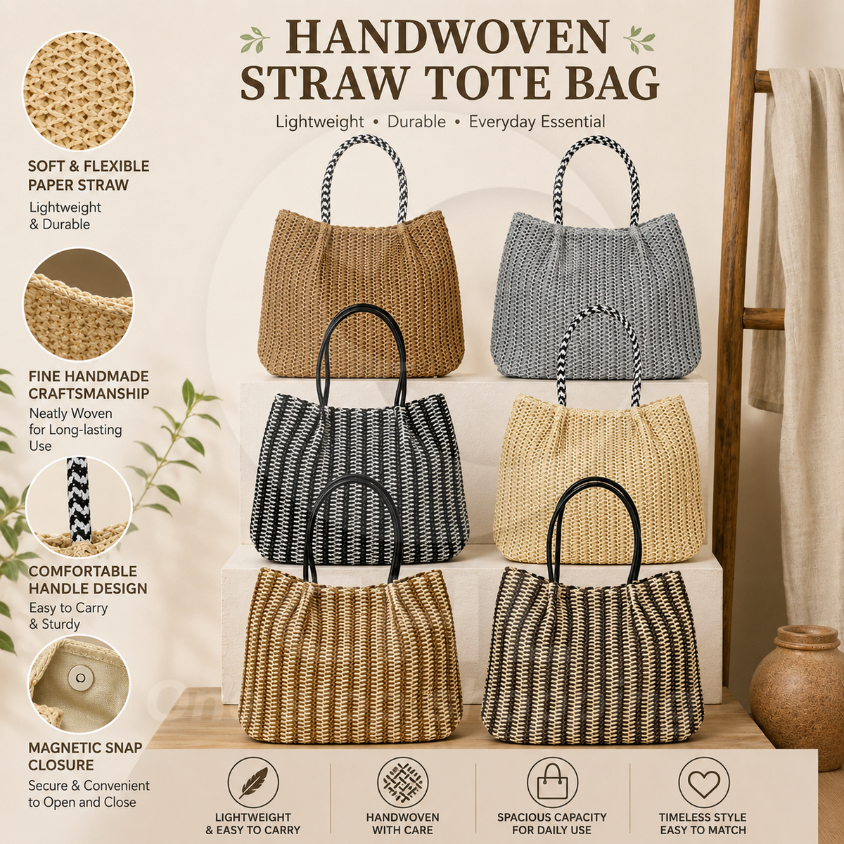 aristella Japanese-Style Handmade Straw Bag – Soft Paper Weave Shoulder Tote / Cinnamoroll Edition