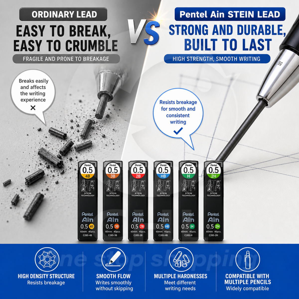 Pentel Ain ultra-fine mechanical pencil lead anti-bend anti-stain 0.3 0.5 0.7 0.9 4B 3B 2B B H