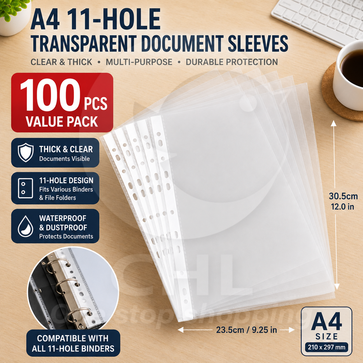 Transparent A4 Document Sleeves - 100 Pack Durable Waterproof Storage