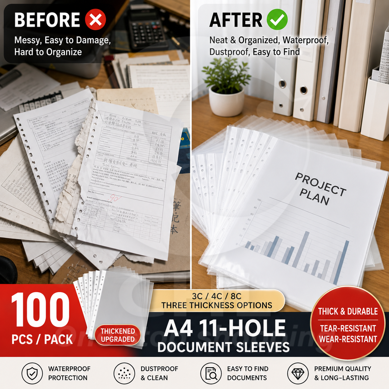 Transparent A4 Document Sleeves - 100 Pack Durable Waterproof Storage