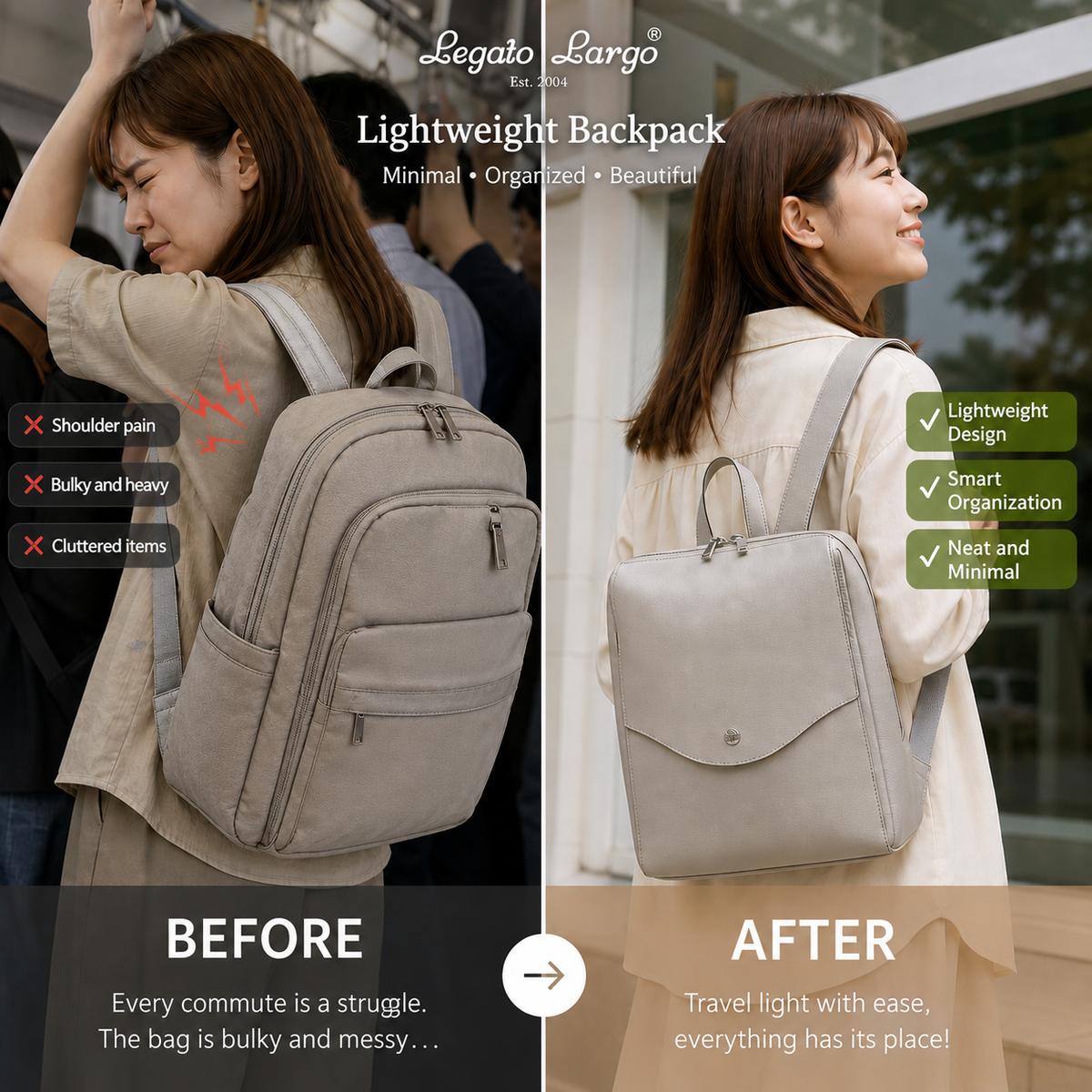 Legato Largo Japanese Backpack | Lightweight Splash-Proof Commuter Bag | Travel & Work Tote | Multi-Color Durable Design