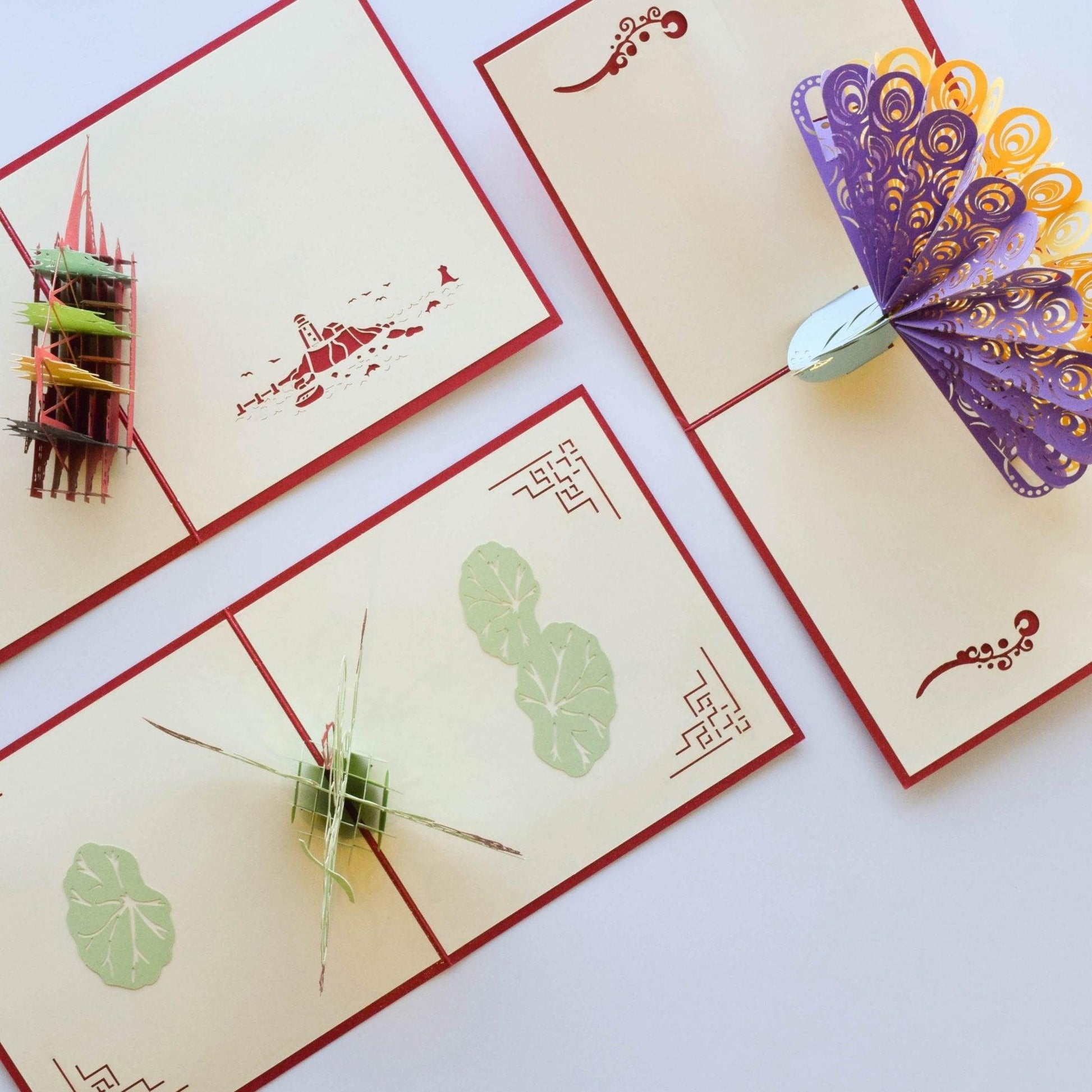 Creative 3D Pop-up Cards Paper Carving Lotus Sailboat Peacock With Pearlescent Envelope NP-050016 - CHL-STORE 