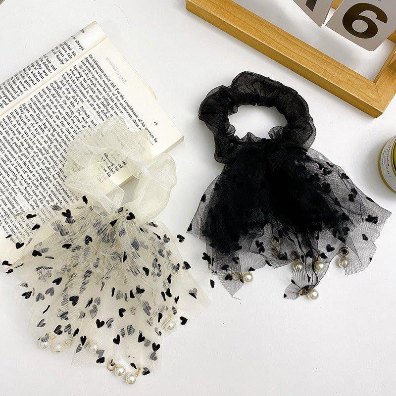 Lace Ribbon Heart Fringe Mesh Draped Bead Hair Tie AC-000015 - CHL-STORE 